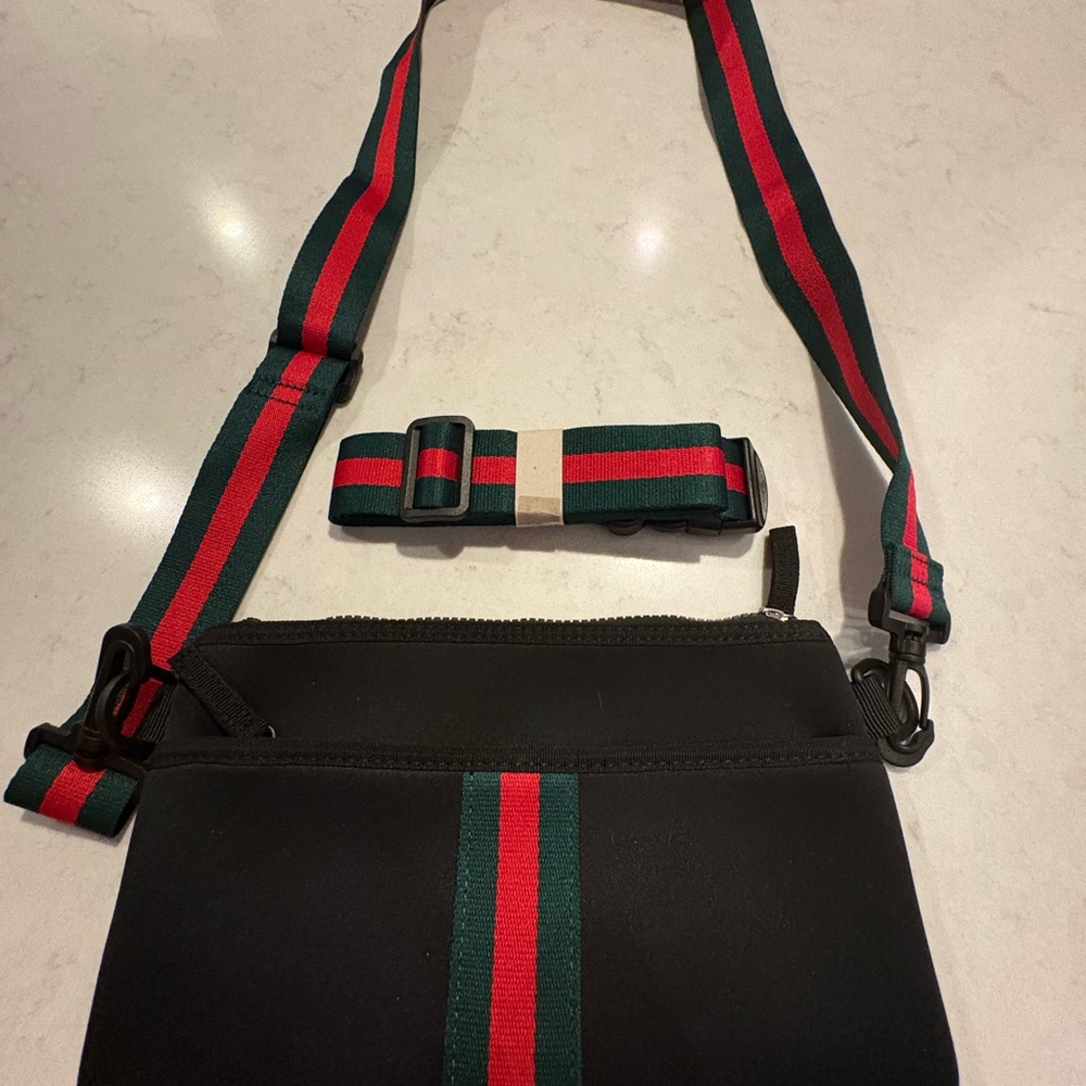 Stylish Black Crossbody Bag with Red and Green Stripes